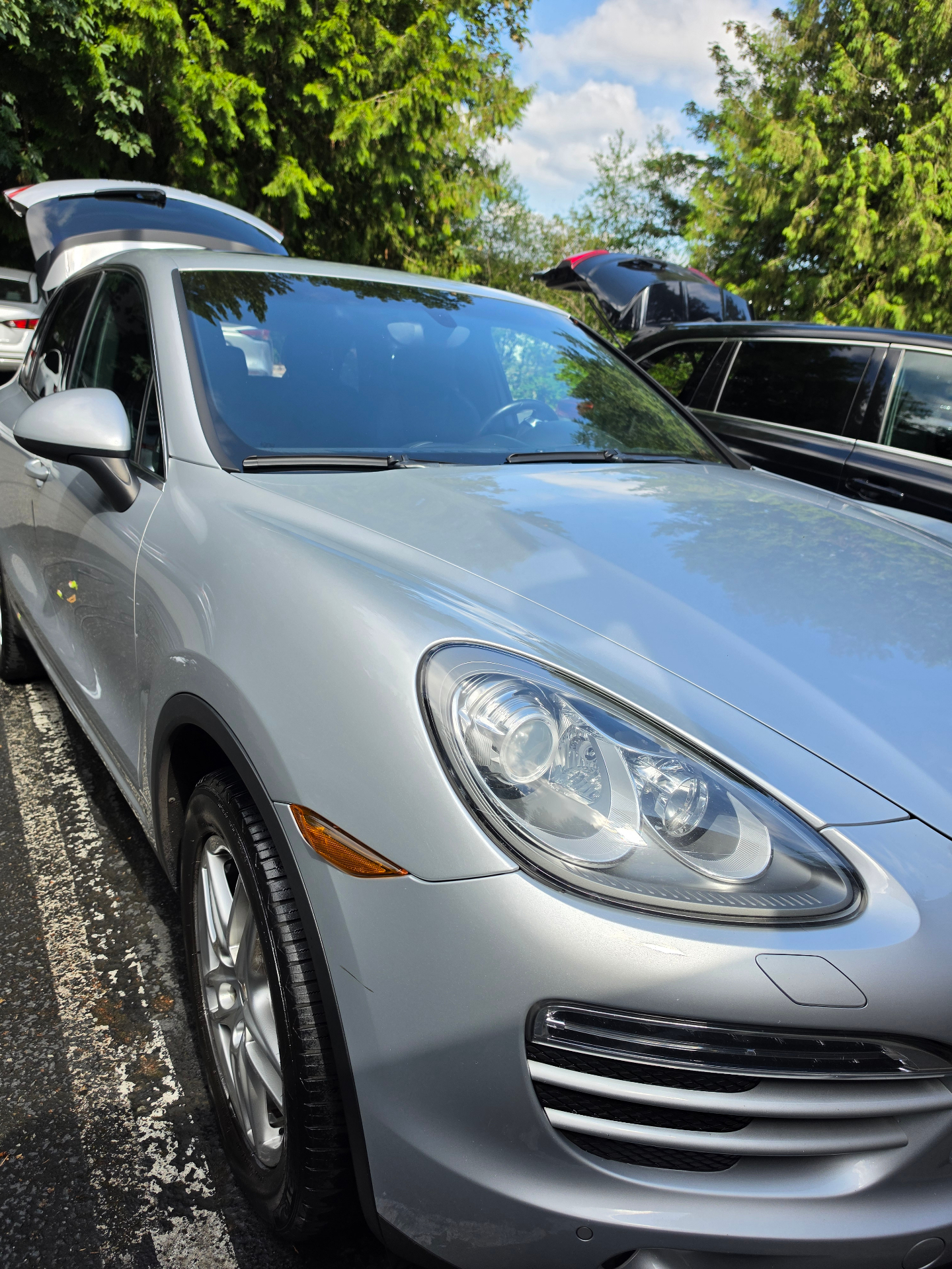 Freshly detailed silver Porsche Cayenne with mirror-like paint reflecting trees and sky