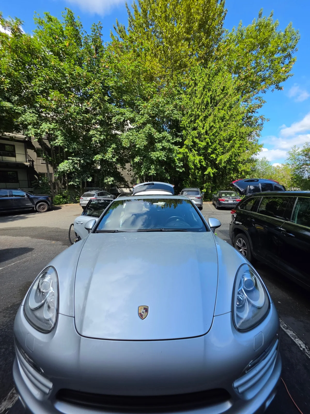 Silver Porsche Panamera luxury sedan front end after exterior detailing
